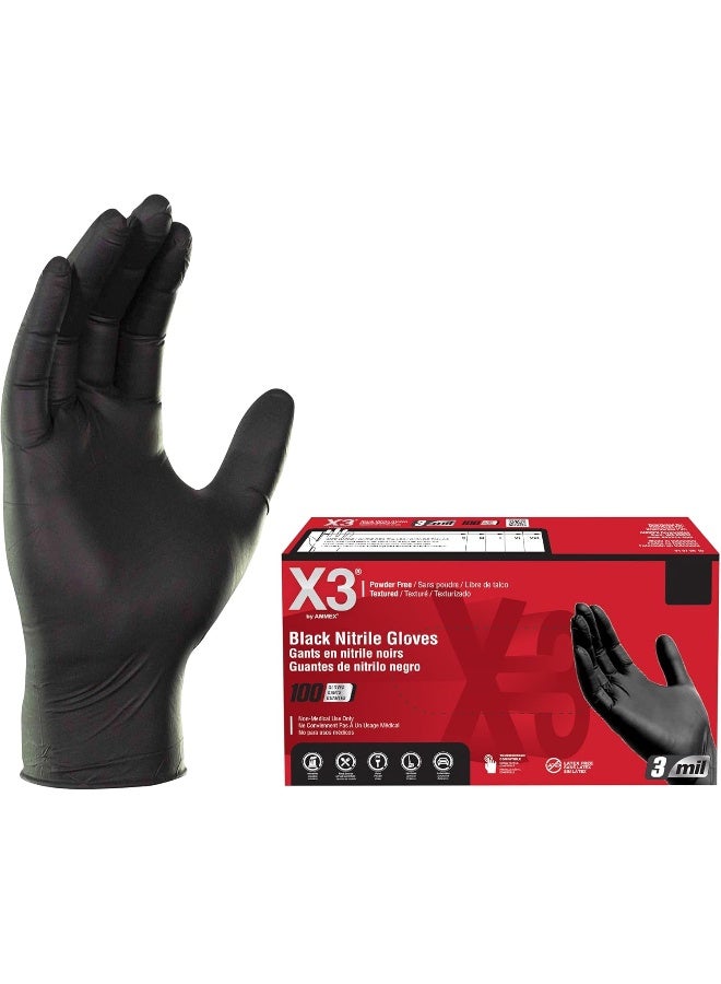 X3 Ammex X3 Industrial Black Nitrile Gloves, Box of 100, 3 Mil, Size Medium, Latex Free, Powder Free, Textured, Disposable, Food Safe, BX344100-BX - Image 1